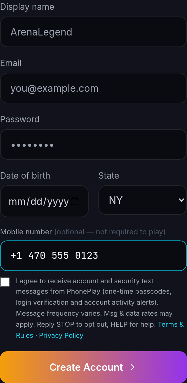 PhonePlay signup form showing the optional mobile number field and the unchecked SMS consent checkbox